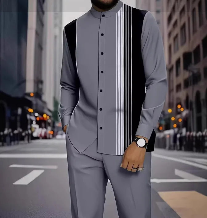 Men's Two-piece Set for Spring/Fall: An Ethnic-style Long-sleeve Shirt Paired with Pants, Red, Blue, Green, Gray, Black, Purple.
