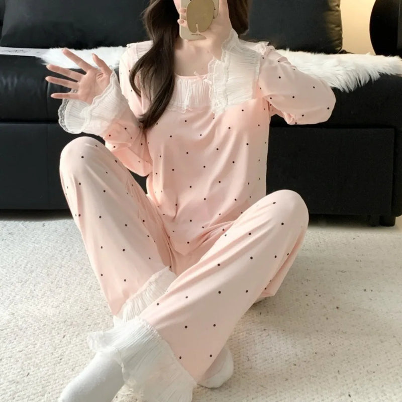 Pajama Nightwear for Woman Home Wear New Spring Autumn Sleepwear Ladies Casual Long-Sleeved Trousers Loungewear Suit Homewear