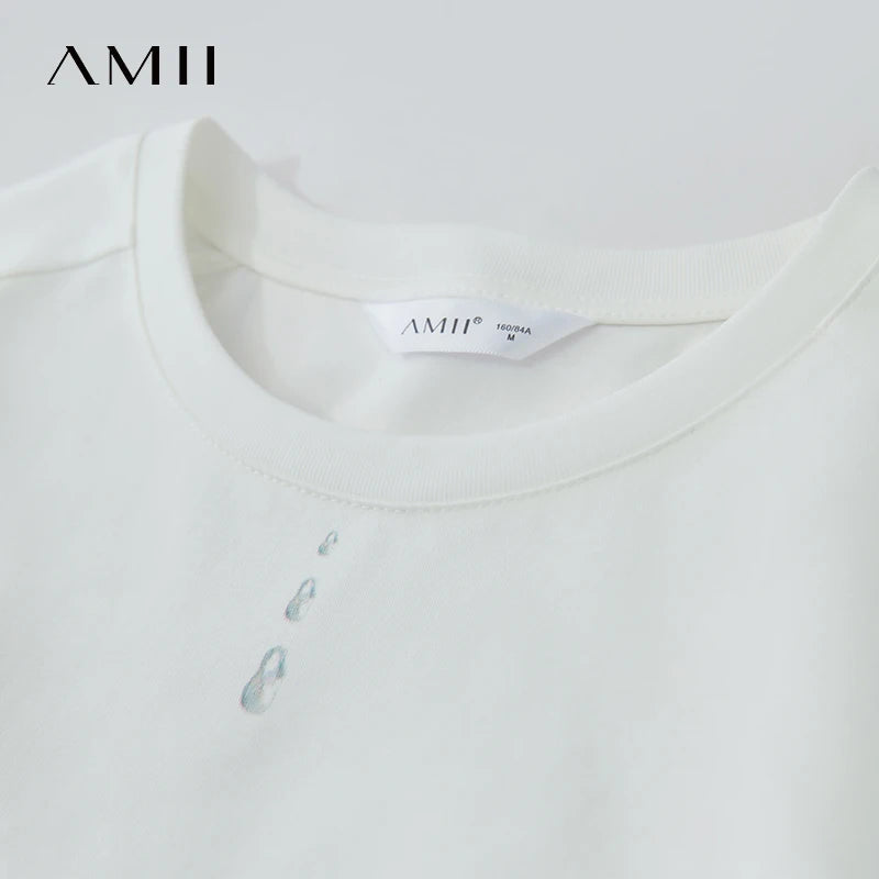 AMII Casual Print Shirt Women Summer New 2026 Short Sleeve Round Neck Baroque Pearl Straight T-shirts Woman Fashion 12522059