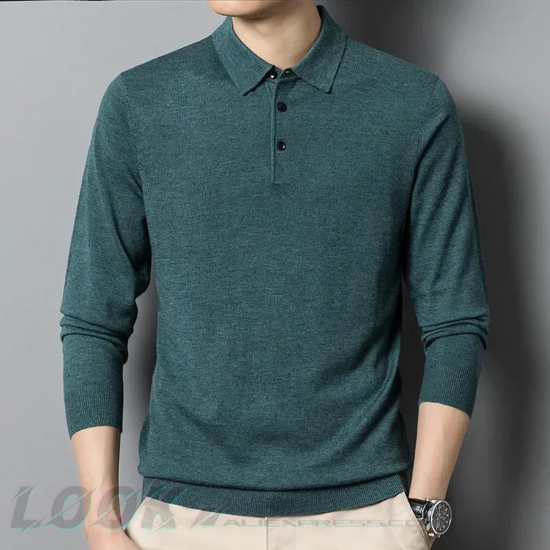 Men's Autumn Long-Sleeved Wool Blend Solid Color Polo Pullover Sweater with Lapel, Casual Bottoming Sweater -Sizes M-4XL