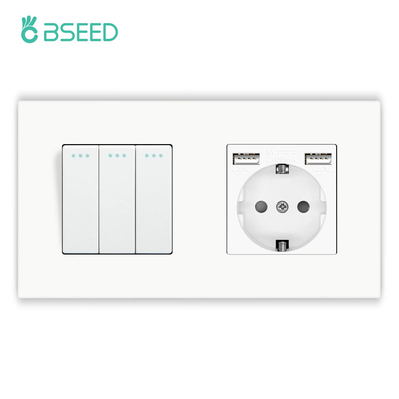 BSEED Mechanical Button Switches With Power Socket 1/2/3Gang 1Way Plastic Panel Electrical Outlets USB Type-C Wall Socket 16A