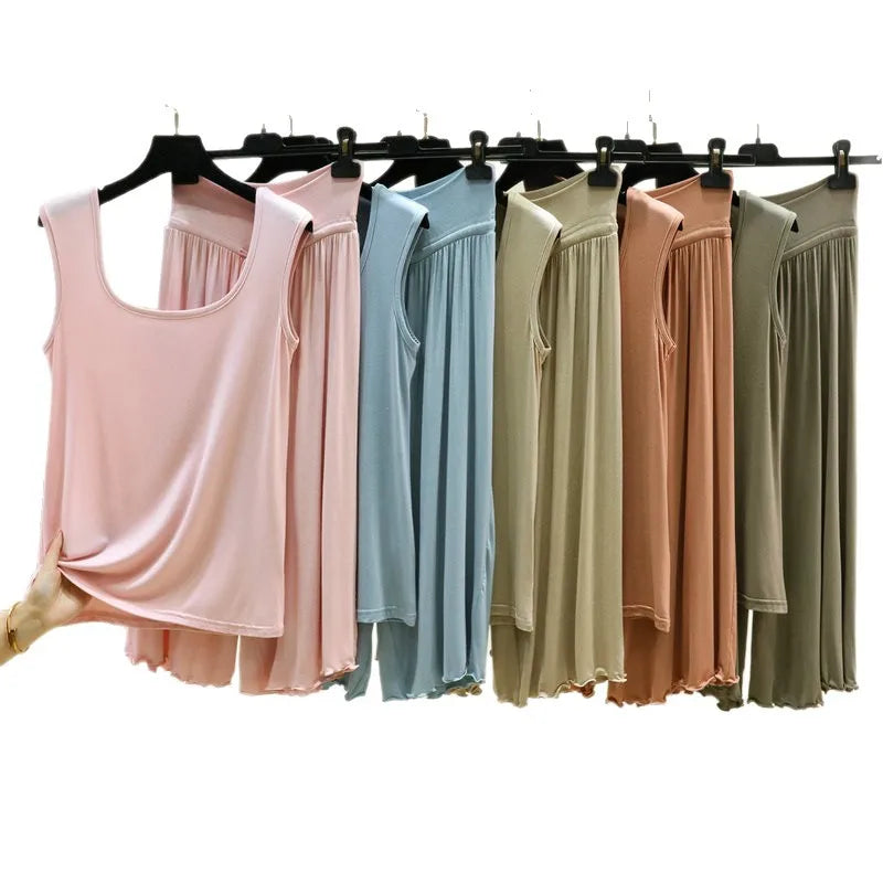 Plus Size Modal Sleepwear Home Clothes Double U-neck Vest Loose Cropped Pants Set Drawstring Lace-up Women's Pajamas M-6XL