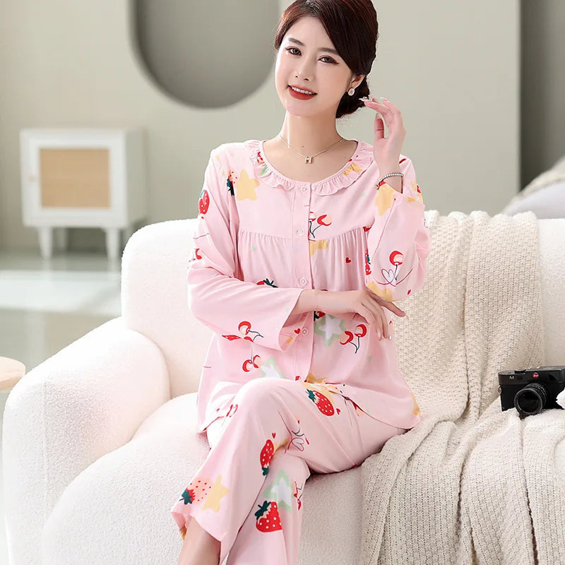 Women Spring Autumn Long Sleeve Pajamas Suit Middle Aged Mother's Home Clothes Female Outside Wear Sleepwear Two Piece Set