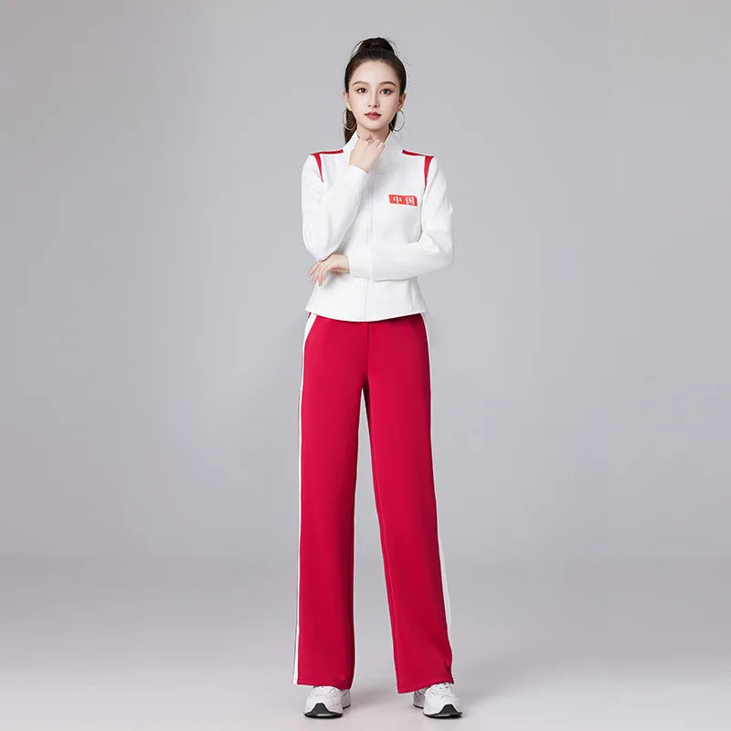 Women's Red Two-piece Sports Set for Spring and Fall, Featuring A Jacket with White Stripes and Matching Pants, Asian Sizes 6XL.