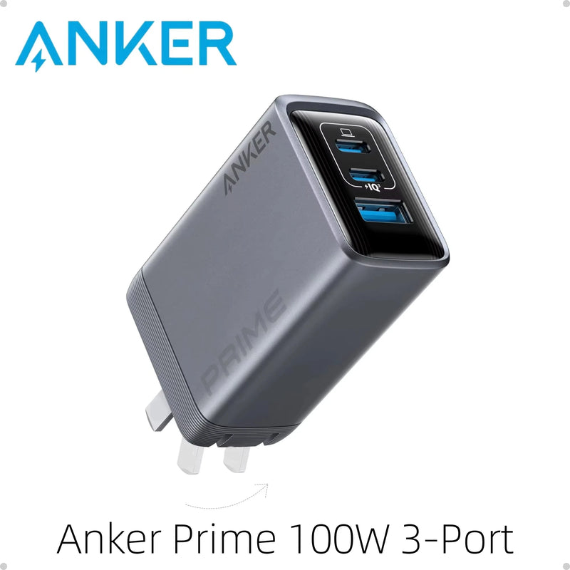 ឆ្នាំងសាក Anker Prime GaN 100W 3 រន្ធ USB C PD Fast Charger ឧបករណ៍ភ្ជាប់ថាមពលជញ្ជាំងច្រើនរន្ធសម្រាប់កុំព្យូទ័រយួរដៃ iPhone Samsung ស្មាតហ្វូន