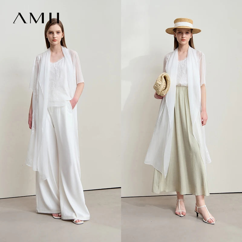 Amii Minimalism Vacation Chiffon Shirt 2026 Summer New Office Lady Thin Loose Transparent Embroidery Floral Cardigan 12552108