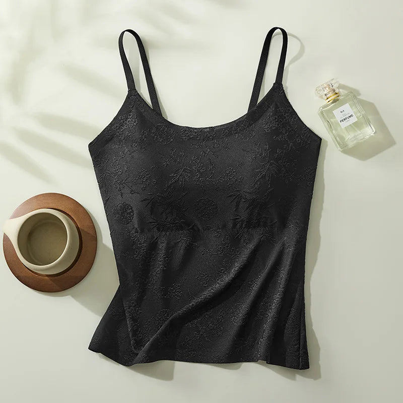 National Style Jacquard Printed Seamless Underwear Sling Vest Women's Inner Fixed Cup One Piece Pajamas Top Lady Sleepwear