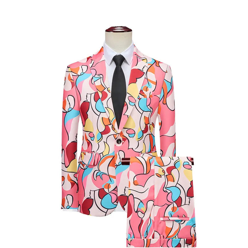 2026 New Men's Blue Printed Suit Set -Vibrant Blue&Colorful Print,Asian Sizes Two-Piece,Casual & Stylish Outfit for Daily Wear‌