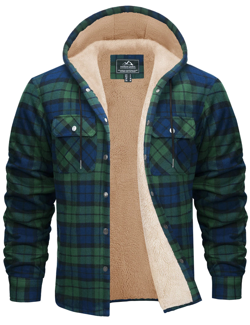 TACVASEN Mens Sherpa Lined Flannel Hoodies Jacket Heavyweight Hooded Fleece Thicken Warm Button Down Plaid Jacket Outwear Coats