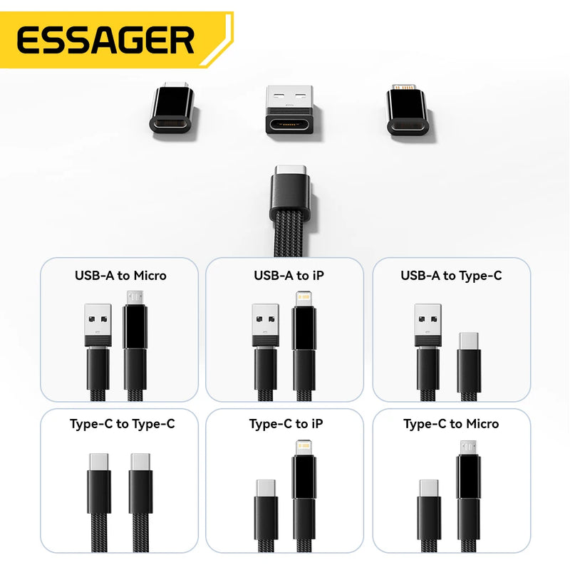 ខ្សែសាកទិន្នន័យ Essager PD 60W ពហុមុខងារ USB ប្រភេទ C សាកលឿនសម្រាប់ iPhone 17 16 15 ប្រអប់ផ្ទុកជាមួយប្រអប់ដាក់ឥវ៉ាន់ធ្វើដំណើរ