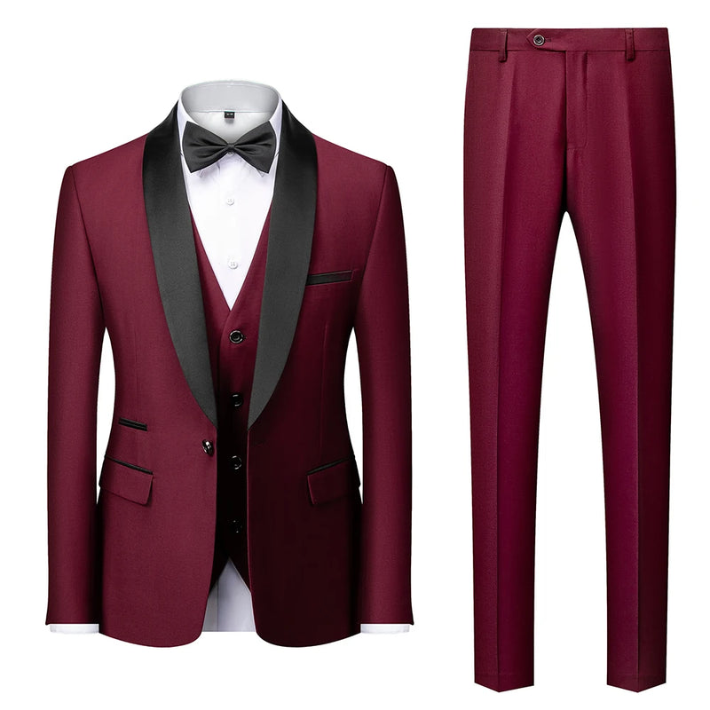 2026 Men's Black 3-Piece, Slim-fit Formal Jacket and Waistcoat Paired with Trousers, Asian Size, Red, White, Gray, Purple