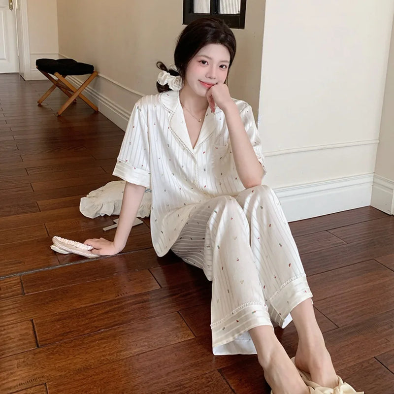 2PCS/Set Summer Pyjamas Woman Pajamas Elegant Short Sleeve and Long Pants Sleepwear Women's Nightie Homewear Home Nightwear