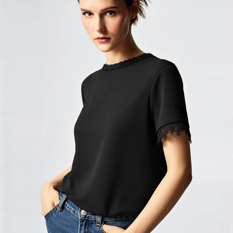 Amii Women's T-Shirt 2026 Summer New Round Neck Lace Patchwork Women's Tee Shirt Solid Color Elegant Short Sleeve Top 12642068