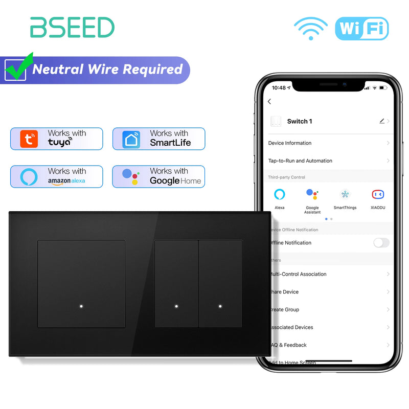 BSEED 1/2/3/4Gang 2Way Smart WIFI Light Switch Click Button Switch Support Tuya Smart Life Alexa Control Glass Panel Black Color