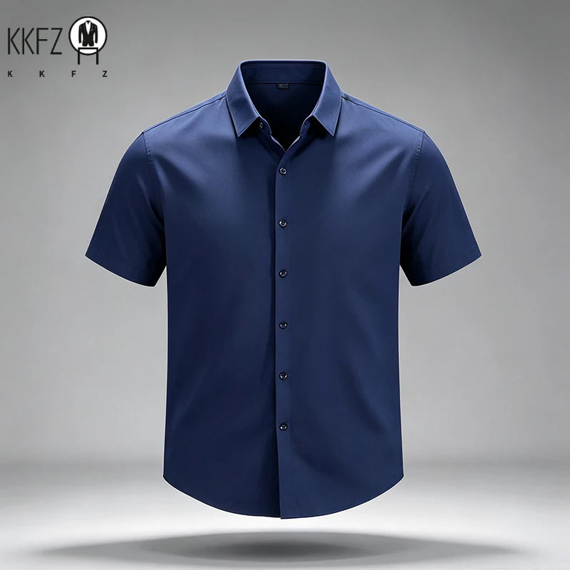 Summer Male Lapel Short Sleeve Dress Shirt Single Breasted Soft Stretch Cloth Outdoor Travel Daily Commute Formal Top