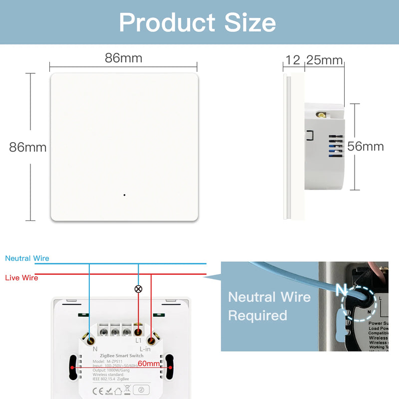 BSEED Zigbee Button Switch 1/2/3Gang 2Way Wall Light Switch Automatic Rebound Smart Curtain Shutter Switch Neutral Required