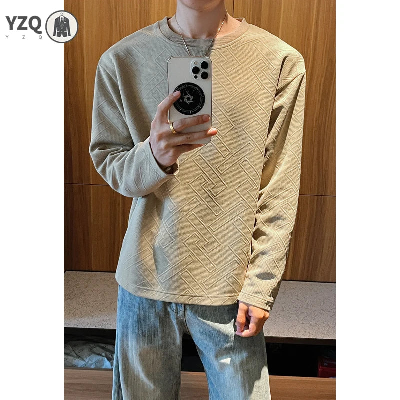 Men Crew Neck Long Sleeve Sweatshirt Maze Geometric Embossed Jacquard Oversized Silhouette For Autumn Daily Street Wear
