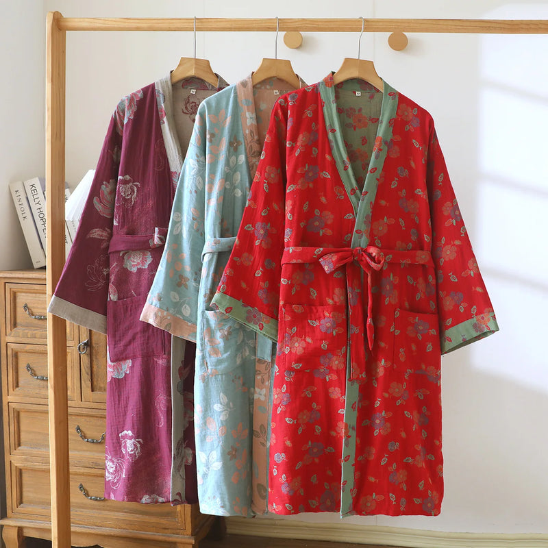 Kimono Robes Women Comfortable Home Bathrobe Spring Autumn Women's Sleeping Robe 100% Cotton Gauze Floral Printed Home Wear