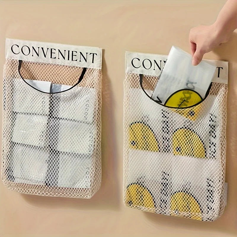 1/2pcs Versatile Wall-Mounted Plastic Bag Holder - Reusable Elastic Storage Net With Magic Sticker. for Kitchen, Bathroom