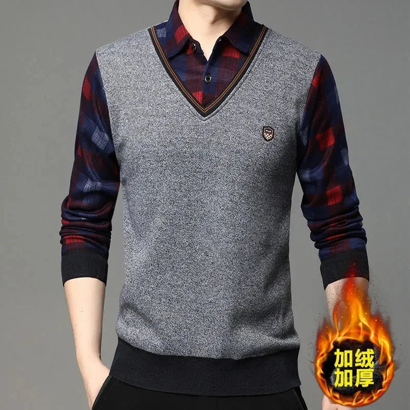 Slim Fit Fake Two Piece Sweater Men Stretch Knit Thermal Fleece Lined Plaid Long Sleeve Collared Office Travel Outfit