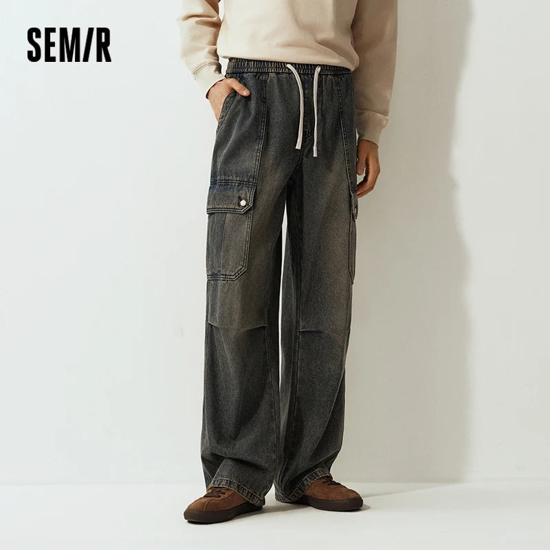 Semir Jeans Men Loose Wide Leg Cargo Pants Retro Distressed Big Pocket 2025 Winter New Long Pants Men'S Clothing