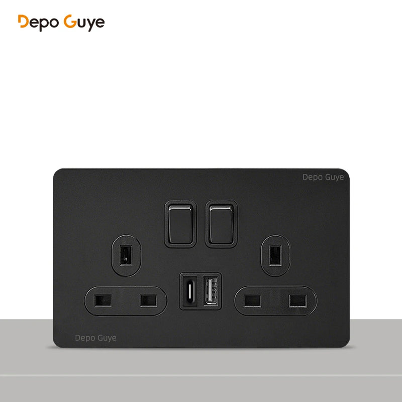 146 Type Retro Metal Panel UK 13A Wall Socket,Bronzed Stainless Steel Power Universal 3-pin Dual Power Socket With USB C charge