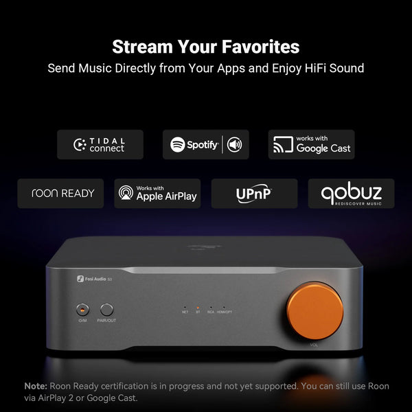 Fosi Audio S3 HiFi Music Streamer ប៊្លូធូស 5.3 AKM4493SEQ DAC Preamp ឧបករណ៍ចាក់តន្ត្រីបណ្តាញ ឆបគ្នាជាមួយ AirPlay2, Google Cast