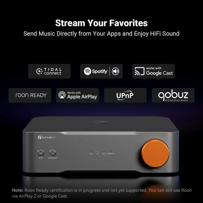 Fosi Audio S3 HiFi Music Streamer ប៊្លូធូស 5.3 AKM4493SEQ DAC Preamp ឧបករណ៍ចាក់តន្ត្រីបណ្តាញ ឆបគ្នាជាមួយ AirPlay2, Google Cast