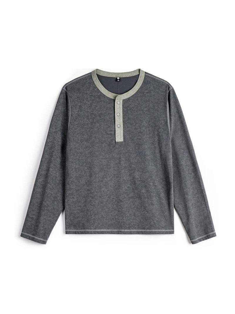 អាវយឺតដៃវែង MADEN Henley សម្រាប់បុរស ពណ៌ប្រផេះស្រាល លាយឡំជាមួយសម្លៀកបំពាក់បែប Vintage រដូវស្លឹកឈើជ្រុះ