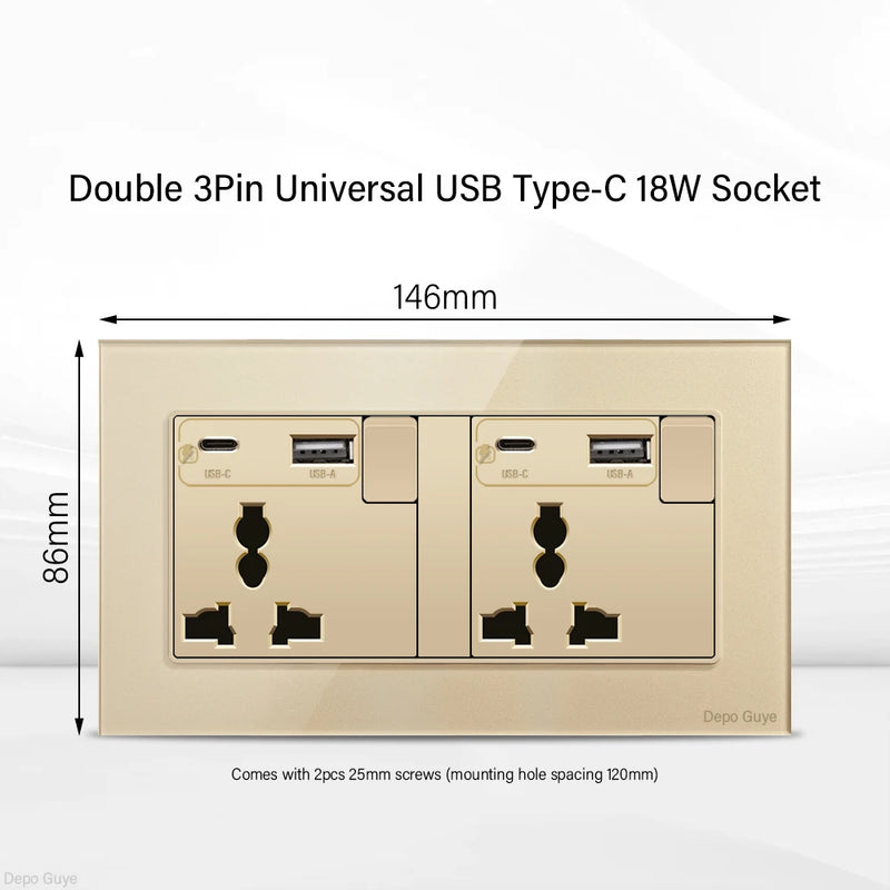 Gold UK 13A Tempered Glass Dual Socket,Universal Power Outlet With USB Type C 18W Quick Charge,Home Light Electric Switch Panel