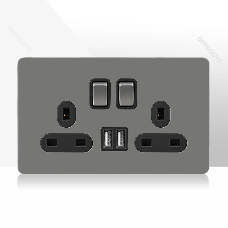 Retro Toggle Switch 1-4 Gang 2 Way Light Switch,EU French Plug Power Outlet Socket With Dual USB Stainless Steel Panel 86 Type