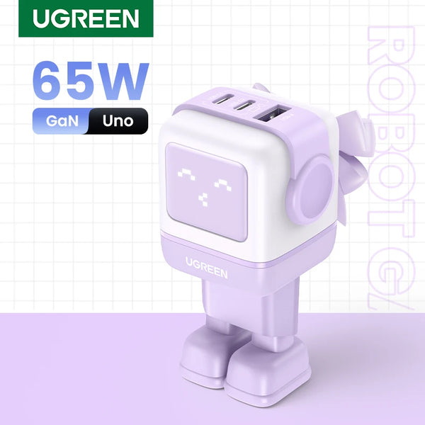 ឆ្នាំងសាក UGREEN 65W GaN ឆ្នាំងសាក Uno Robot Design សាកថ្មលឿន 4.0 3.0 PPS សម្រាប់ iPhone 18 17 Pro Macbook Air Laptop Tablet PD ឆ្នាំងសាកលឿន