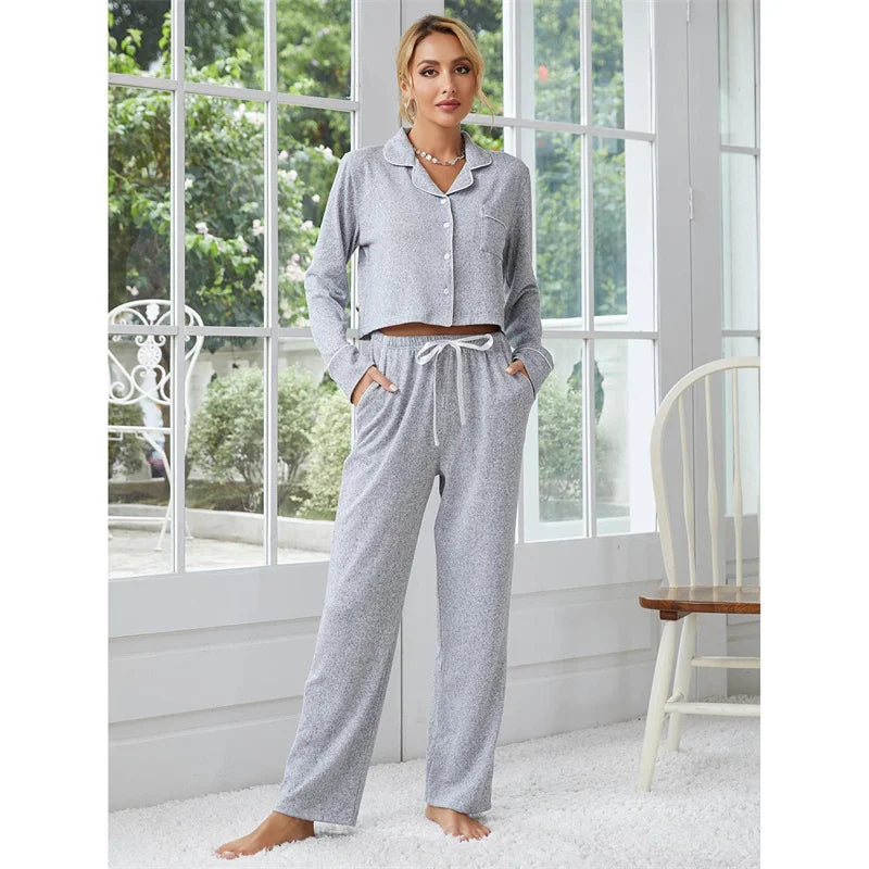 European Women's Sleepwear Suit Autumn Winter Long Sleeved Cardigan Pants Two-piece Set Home Pajamas Female Sleeping Clothes