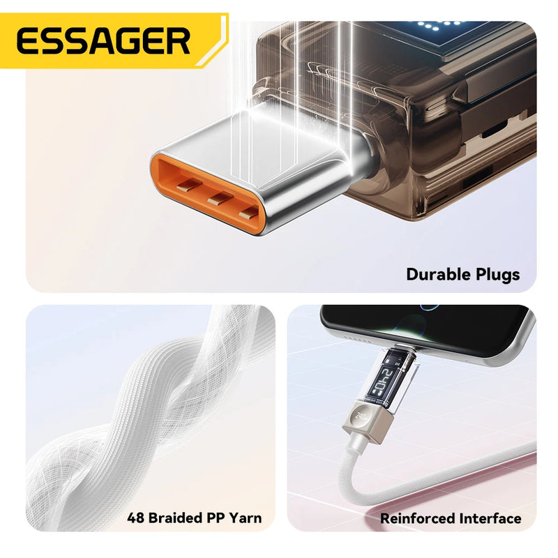 Essager 240W Type C to Type C Cable PD3.1 Digital Display Fast Charging USB C Cable for Macbook iPhone 17 16 15 Samsung Xiaomi
