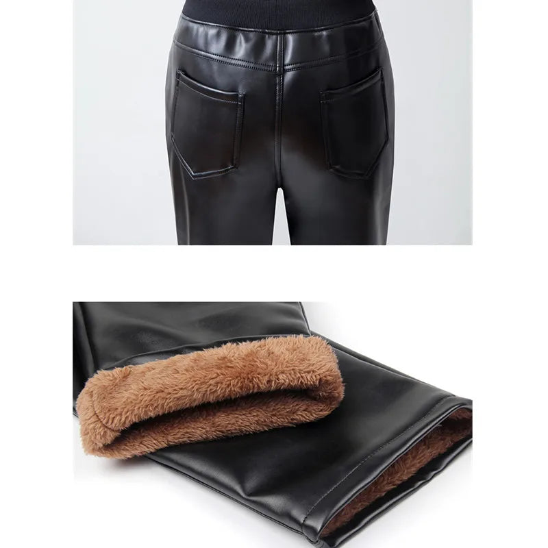 2026 Spring Women's Black PU Straight Pants, Fashion Casual Trousers Women, Asian Size Winter Padded Models Can Be Selected