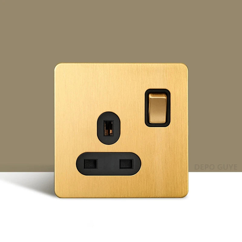 Retro Wall Light Toggle Switch Dual EU FR Socket Gold Stainless Steel Brushed Panel  Vintage Brass Lever For Home Improvement