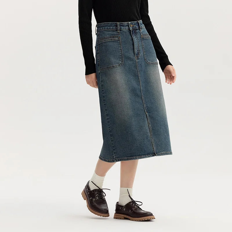 Semir Denim Skirt Women's Split 2024 New Autumn Retro Straight Skirt