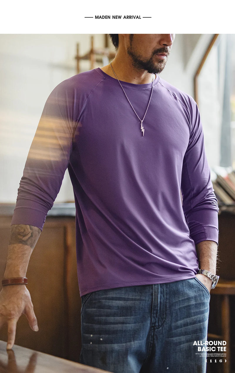 អាវយឺតកីឡា Maden សម្រាប់បុរស Amekaji Raglan Sleeve ស្ងួតរហ័ស ការពារកម្តៅថ្ងៃ ពណ៌រឹង ដៃវែង ត្រជាក់ ប៉ះបាត អាវយឺតរដូវផ្ការីក