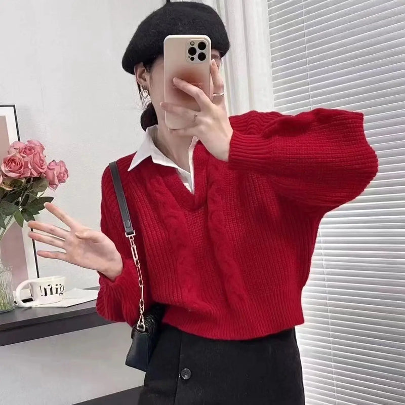 Autumn Winter Splicing Women's Outer Wear Lapel Top Knitted Sweater Fake Two Pieces Pullover Jumper Ladies Bottoming Shirt