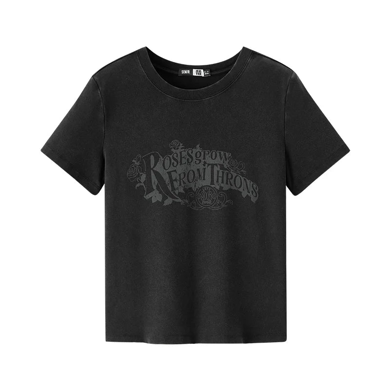 Semir Womens Tshirt 2026 Vintage Washed Printed Slim Regular Shoulder Retro American Style Casual Soft