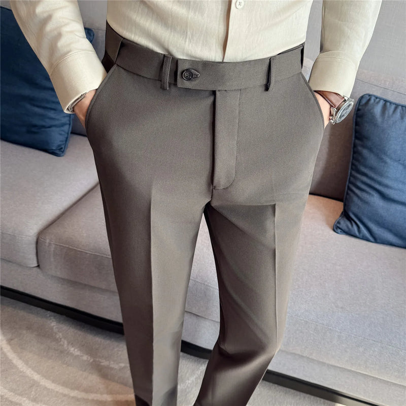 2026 Men's Slim Fit Striped Dress Pants Brown Formal Business Suit Trousers for Office And Wedding Wear High-Quality