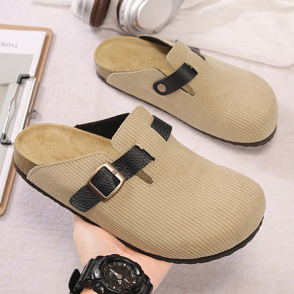 Men Women Corduroy Clogs, Adjustable Buckle Cork Footbed Mules, Closed-Toe Comfort Slip-On Shoes for Indoor & Outdoor