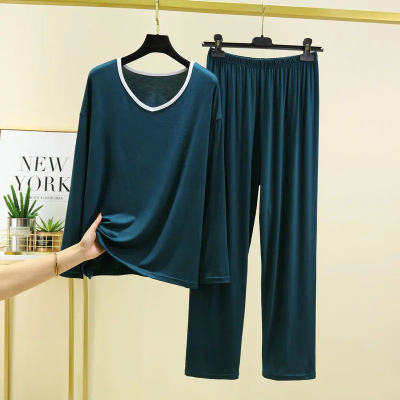 Modal Home Clothes Women's Pajamas Spring Autumn Long Sleeve Pants Set Loose Sleepwear Two Piece Suit Pijamas Para Mujer