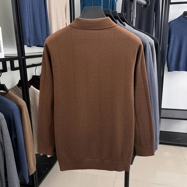 Men's Polo Collar Wool Blend Sweater 340g Thick Anti-Pilling Long Sleeve Knitwear for Spring Autumn