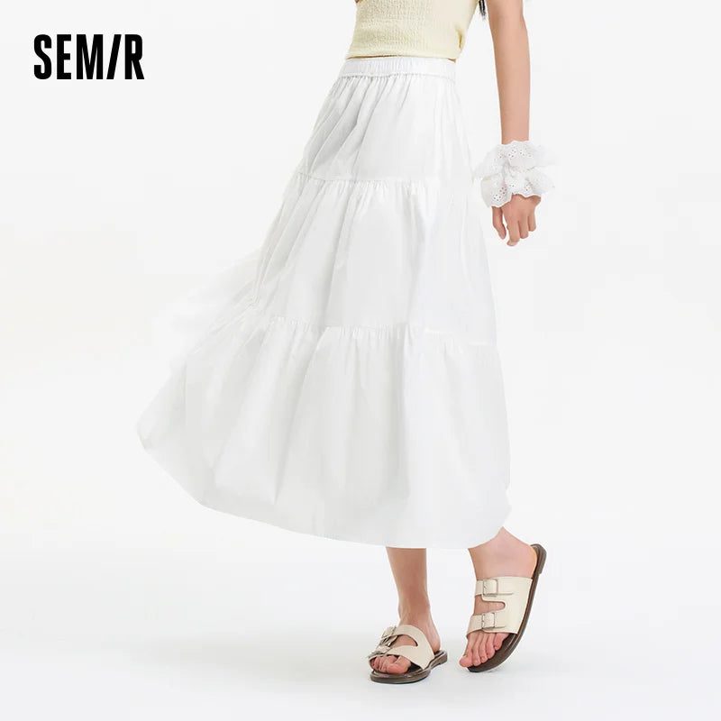 Semir Womens Skirt 2026 White Solid Elastic Waist A Line Cake Style Elegant Versatile Casual Soft