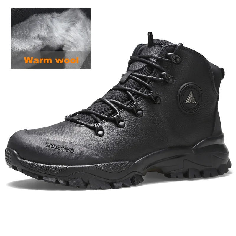 HUMTTO Leather Hiking Boots Warm Wool Outdoor Trekking Shoes for Men Luxury Designer Climbing Sneakers Safety Mens Ankle Boots