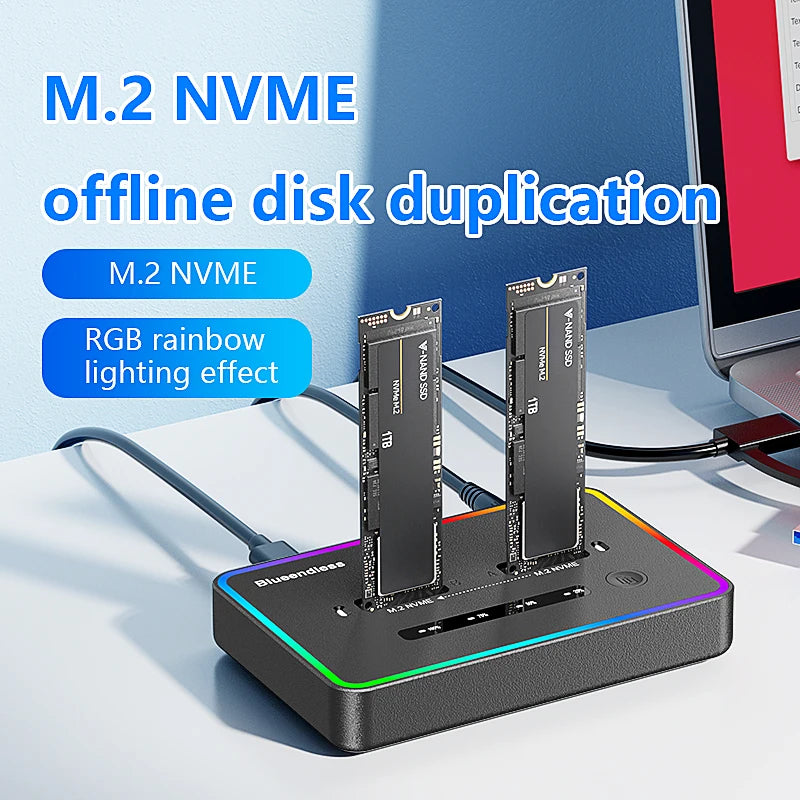 ស្ថានីយ៍ចតក្លូន SSD M.2 NVME ពីរជ្រុង Blueendless 20Gbps USB3.2 USB C ប្រភេទ C ឧបករណ៍ចម្លងក្លូនក្រៅបណ្តាញ NVme PCIE Enclosure