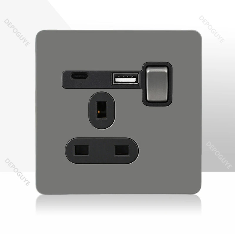 Retro Toggle Switch 1-4 Gang 2 Way Light Switch,EU French Plug Power Outlet Socket With Dual USB Stainless Steel Panel 86 Type