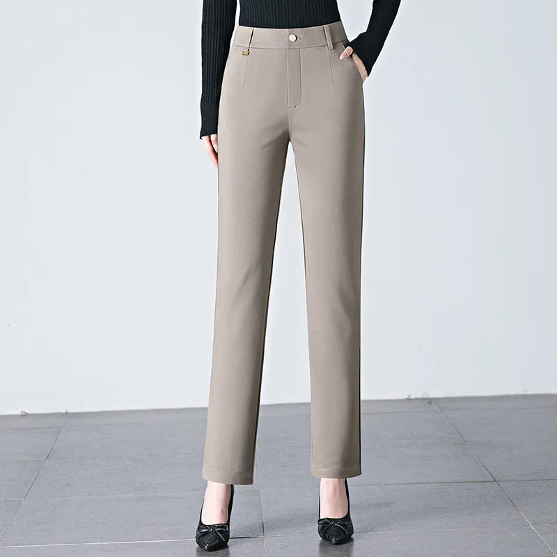 Asian Size Black Women's Elastic Waist Trousers, Fashion Casual Pants, Khaki High Stretch Pant, 27, 28, 29, 30, 31, 32, 33, 34