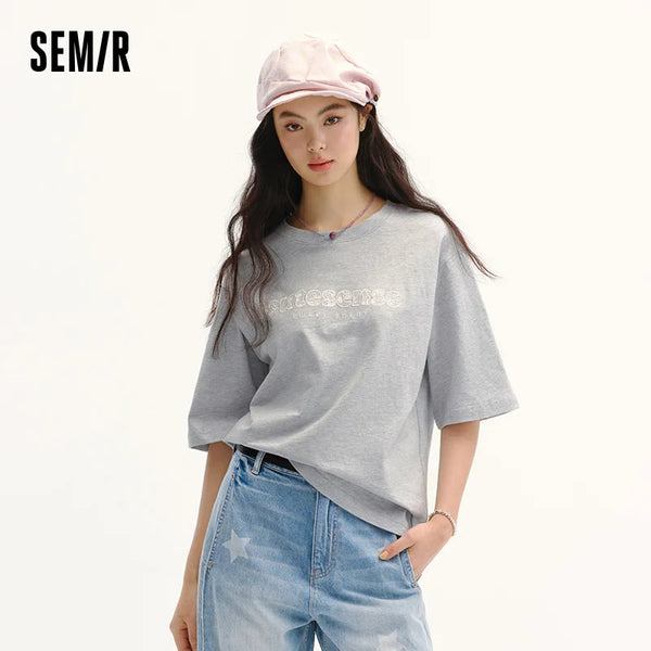 Cotton Lace Letter Embroidery Short Sleeve Summer 2026 Loose Fit Trendy Everyday Style Casual Top